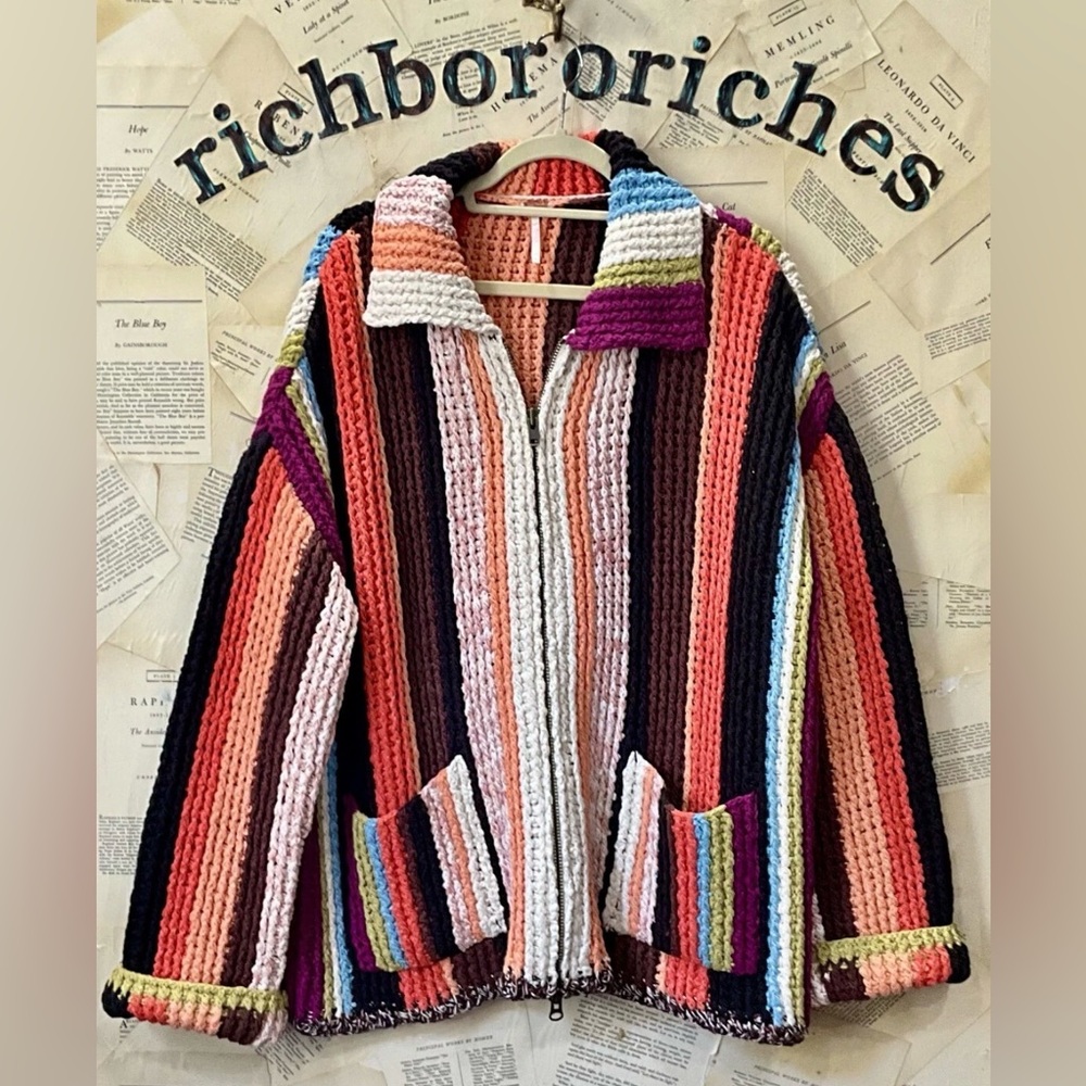 Free Peoplle Everything Cardi Sweater Heavy Weight Striped Zipper Pockets - Picture 6 of 8